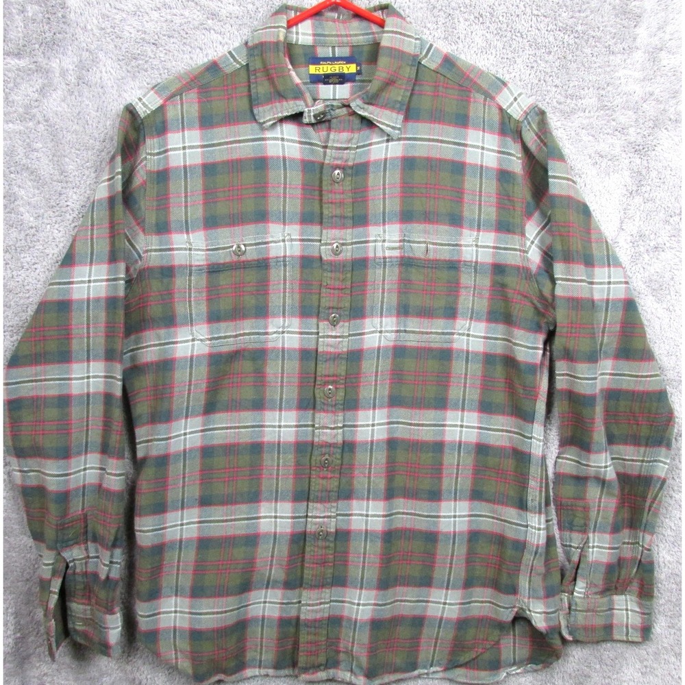 Ralph Lauren Rugby Shirt Mens Medium Green Plaid Flannel Button Front Pockets